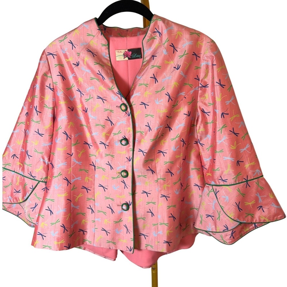 Teal Lotus Dragonfly Print Art to Wear Jacket Bell Sleeve Pink Blazer M - Picture 5 of 11